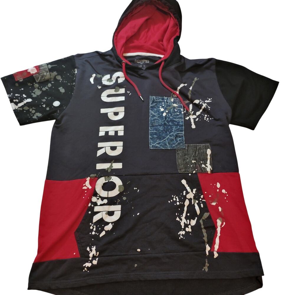 Encrypted Streetwear Short Sleeve Hoodie XL Red Black Paint Splatter Ripped